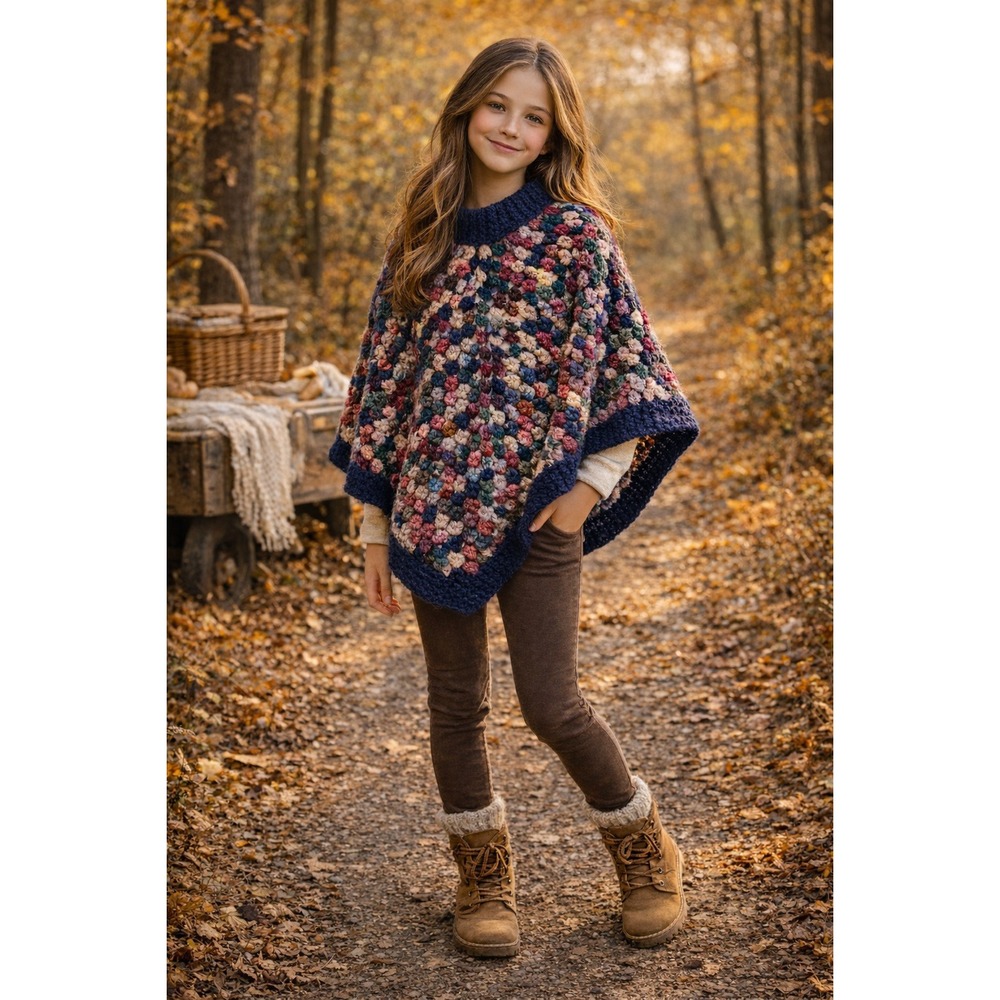 Vintage 70s Crochet Poncho Kids OS Purple Boho Chunky Knit Handmade Cape Retro‎